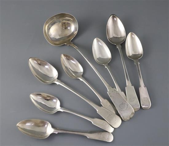 A part suite of early 19th century Scottish provincial silver fiddle pattern flatware, 25.5 oz.